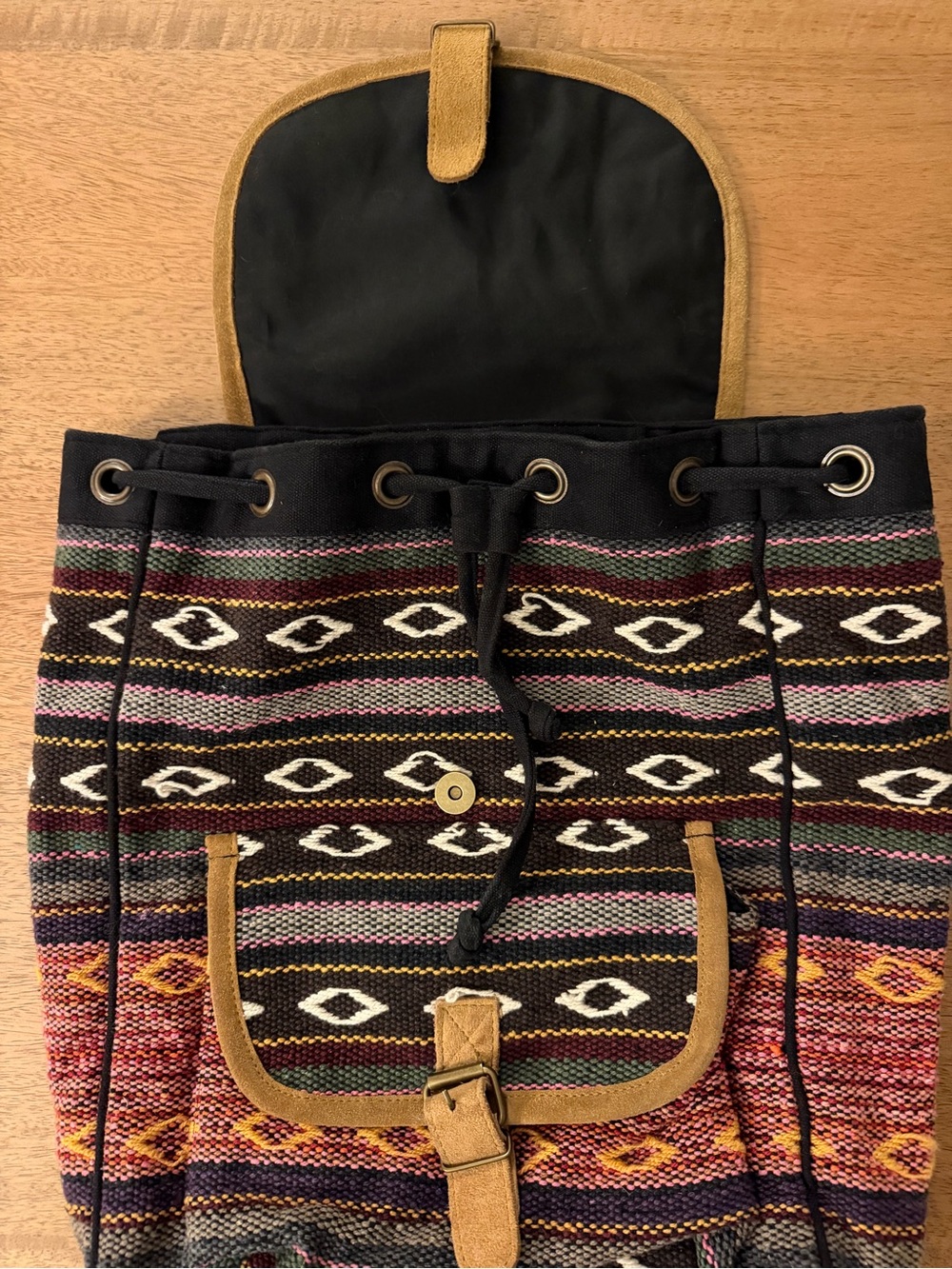 Boho Patterned Multi-Color Canvas Backpack with Tan Trim - Picture 7 of 7